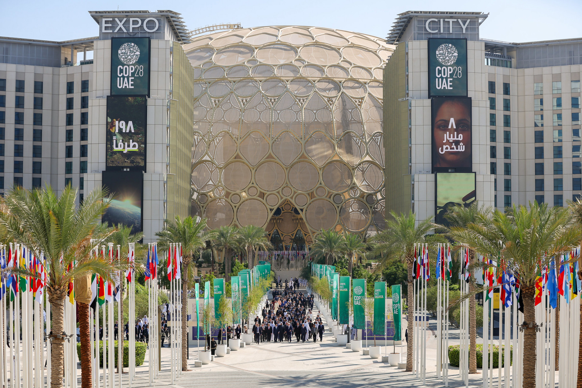 World Heads of States walk down Al Wasl avenue after their group photo during the UN Climate Change Conference COP28 at Expo City Dubai on December 1, 2023, in Dubai, United Arab Emirates.