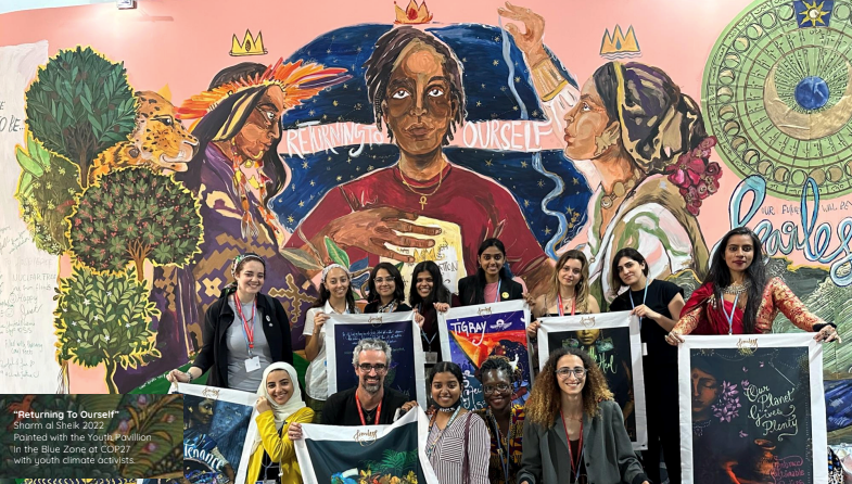 "Fearless Collective", started by artist Shilo Shiv Suleman in 2012, creates public art interventions with women and misrepresented communities across the world. They worked on this mural at the Children and Youth Pavilion at COP27 last year. At COP28, they are working with the WGC and Children and Youth Pavilion to run workshops and use the themes and discussions from the workshops to design into a mural on the walls of the pavilions.