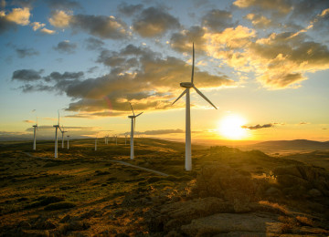 A group of windmills on a hill at sunset