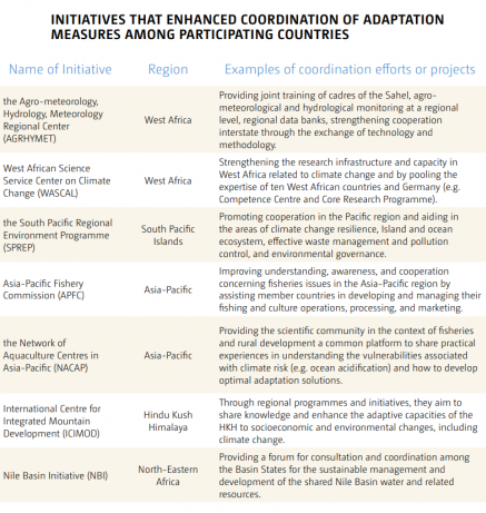 Initiatives that enhanced coordination of adaptation measures among participating countries