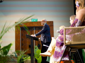Simon Stiell speaking at an event on maternal health at the Pre-COP in Fiji.